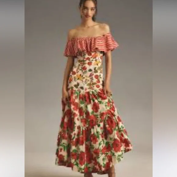 maeve off-the-shoulder mixed-print midi dress Maeve Off-the-Shoulder Mixed-Print Midi Dress
